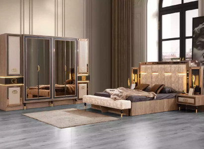 Modern Beds Double bed Set 4pcs Bedroom Suite Fabric Beige